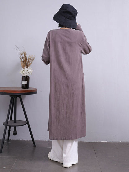Simple Ramie Cotton Solid Color Long Sleeves Long Outerwear