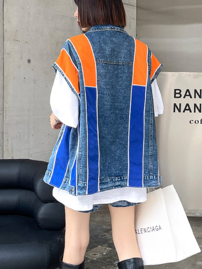 Stylish Split-Joint Striped Lapel Collar Sleeveless Denim Vest Outwear