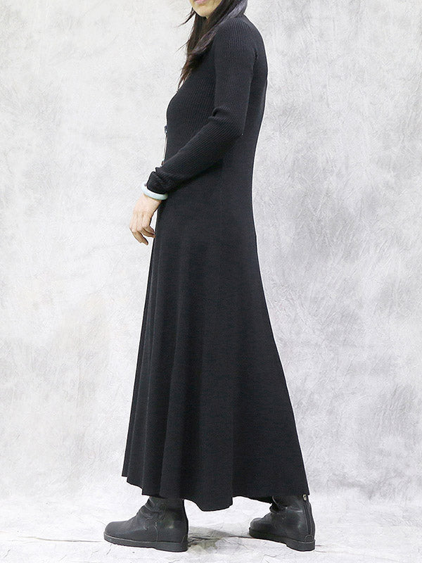 Artistic Retro Solid Color Split-Joint High-Neck Long Sleeves Knitted Sweater Dress