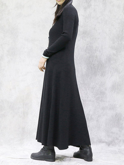 Artistic Retro Solid Color Split-Joint High-Neck Long Sleeves Knitted Sweater Dress