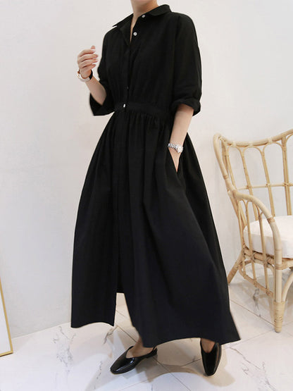 Casual Loose Solid Color Buttoned Pleated Lapel Collar Raglan Sleeves Midi Shirt Dress