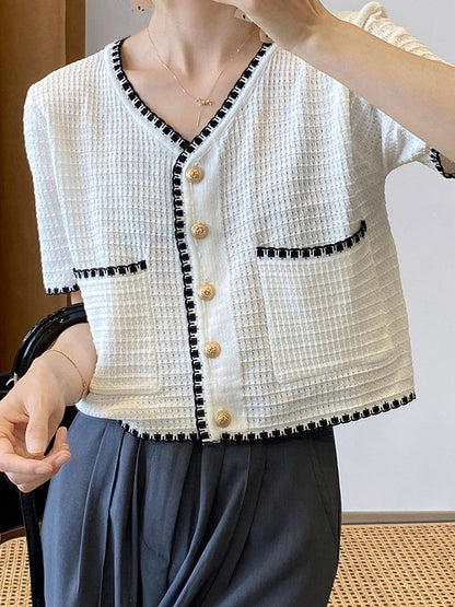 Casual Black&White V-Neck Short Sleeves Knitwear Cardigan
