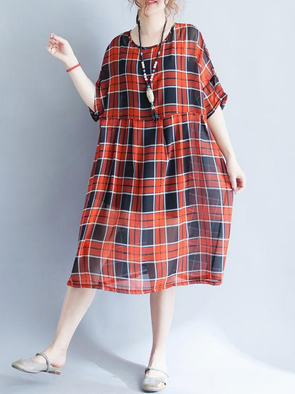 Loose Light Red Plaid Long Dress