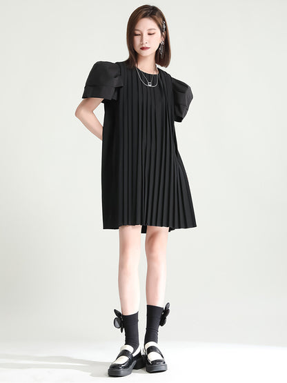 Urban Puff Sleeves Split-Joint Black Pleated Mini Dress