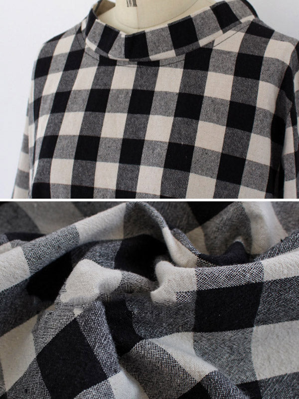 Artistic Retro Loose A-Line Plaid Stand Collar Long Sleeves Maxi Dress