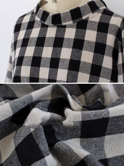 Artistic Retro Loose A-Line Plaid Stand Collar Long Sleeves Maxi Dress