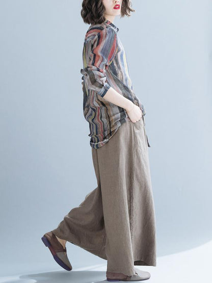 Lapel Striped Blouse&Solid Wide Leg Pants Suits