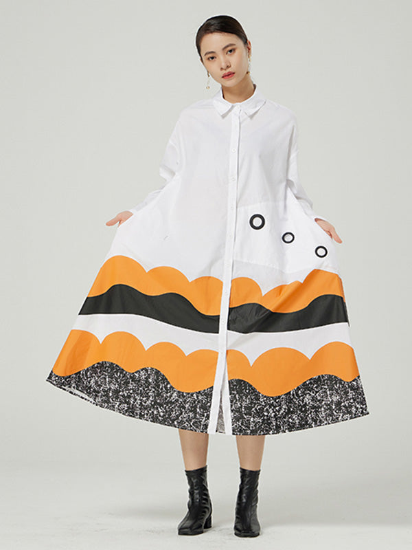 Original Buttoned Contrast Color Lapel Long Sleeves Midi Dress