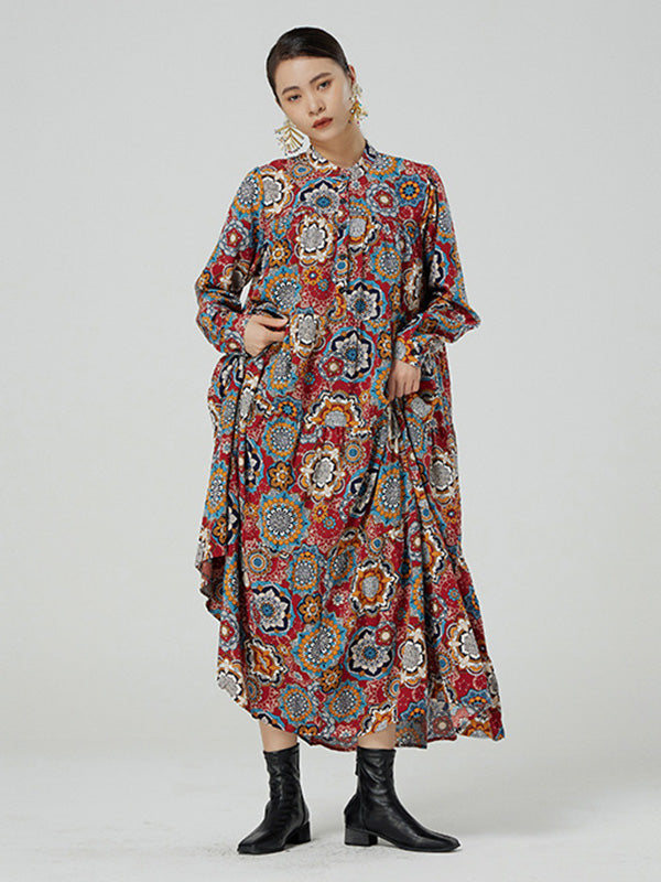 National Floral Printed Buttoned Pleated Stand Collar Long Sleeves Midi Dress