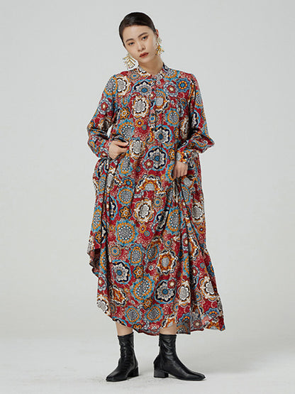 National Floral Printed Buttoned Pleated Stand Collar Long Sleeves Midi Dress
