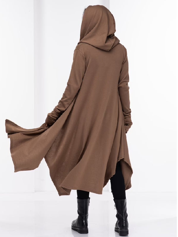 Simple Loose Coffee&Burgundy Split-Side Long Sleeves Hooded Outerwear