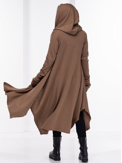 Simple Loose Coffee&Burgundy Split-Side Long Sleeves Hooded Outerwear