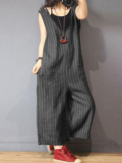 Striped V-neck With-pockets Wide Leg Jumpsuits