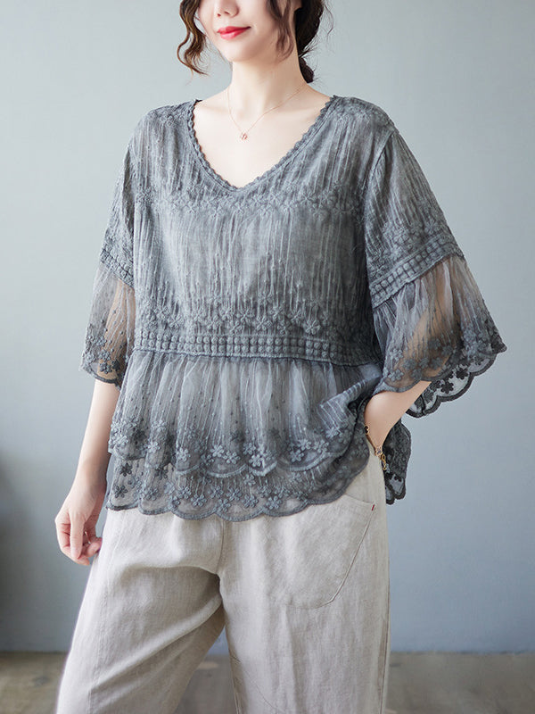 Original Loose Artistic Retro Lace Embroidered T-Shirt Top