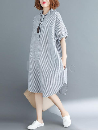 Loose Ramie Cotton Striped Shirt Dress