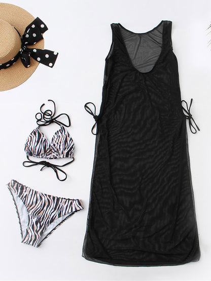 Leopard-Printed Triangle Bikini Swimwear+Slim Drawstring See-Through Cover-Ups Three-Pieces Set