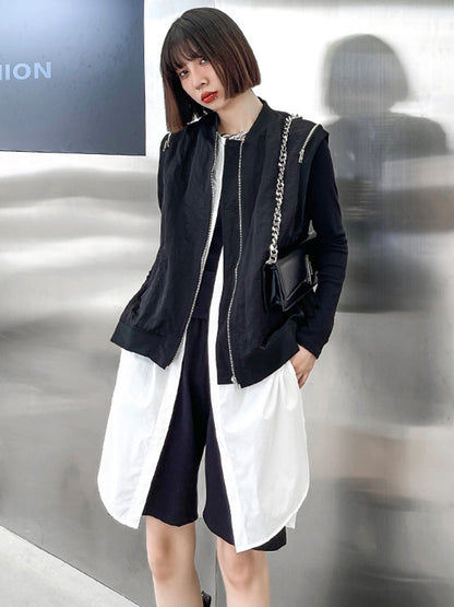 Cool Street Split-Joint Zipper Buttoned Round-Neck Sleeveless False Two Vest Outwear