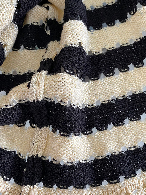 Simple Black White Contrast Color Striped Knitting T-Shirt