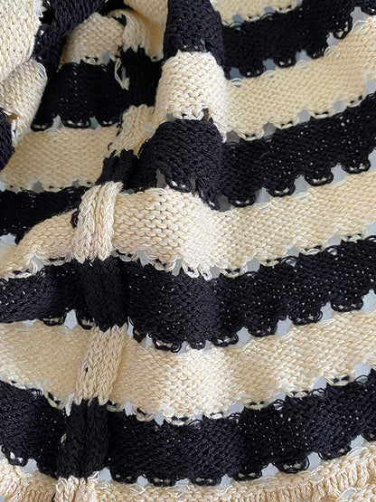 Simple Black White Contrast Color Striped Knitting T-Shirt