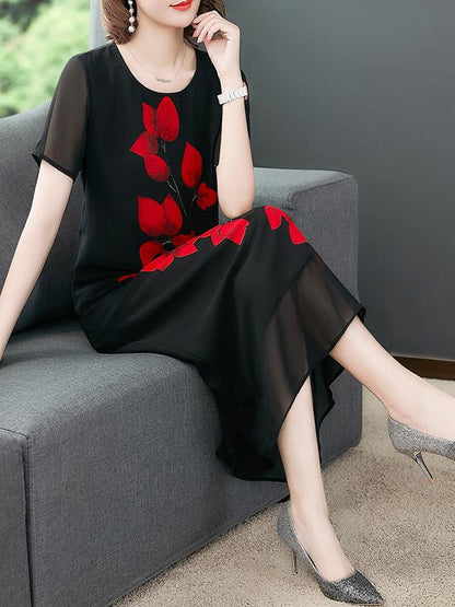 Chiffon Loose Leaves Print Dress