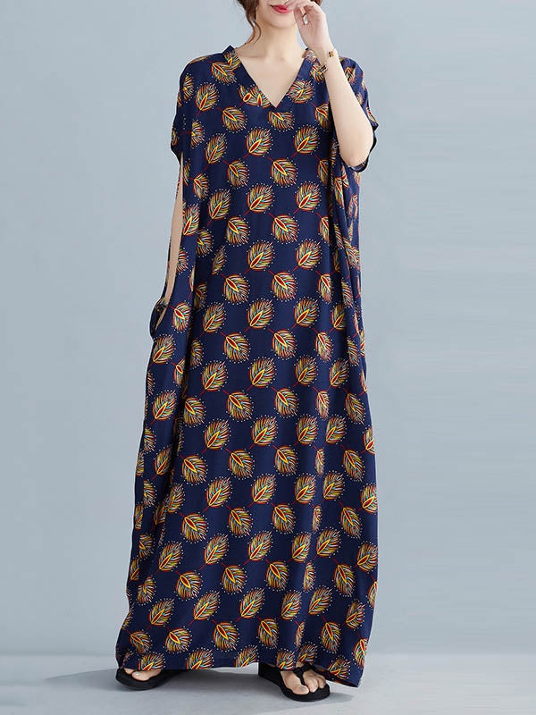 Vintage Printed V-Neck Batwing Short Sleeves Maxi Dress