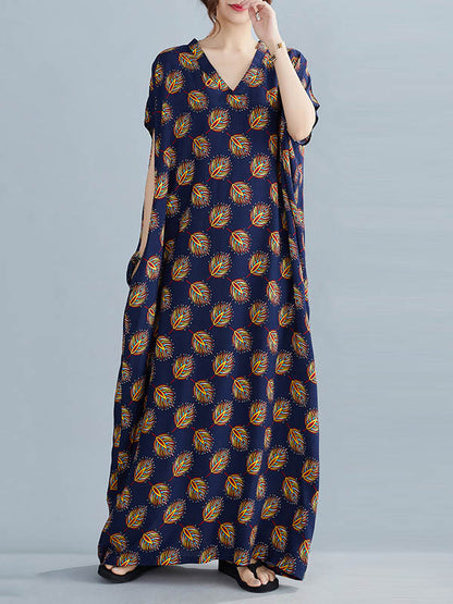 Vintage Printed V-Neck Batwing Short Sleeves Maxi Dress