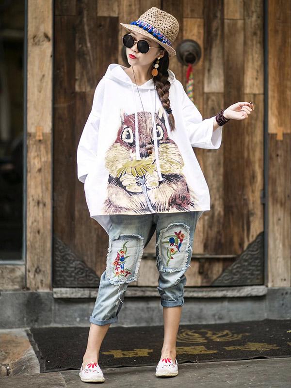 Loose Vintage Squirrel Print Hoodies
