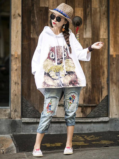 Loose Vintage Squirrel Print Hoodies