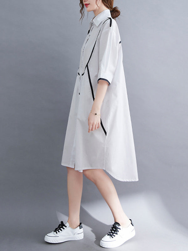 Stylish Loose White Split-Joint Half Sleeves Lapel Midi Dress