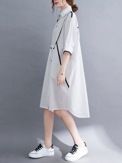 Stylish Loose White Split-Joint Half Sleeves Lapel Midi Dress