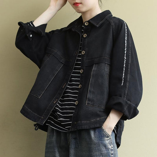 Buykud Casual Turn-down Collar Embroidered Letters Denim Coat