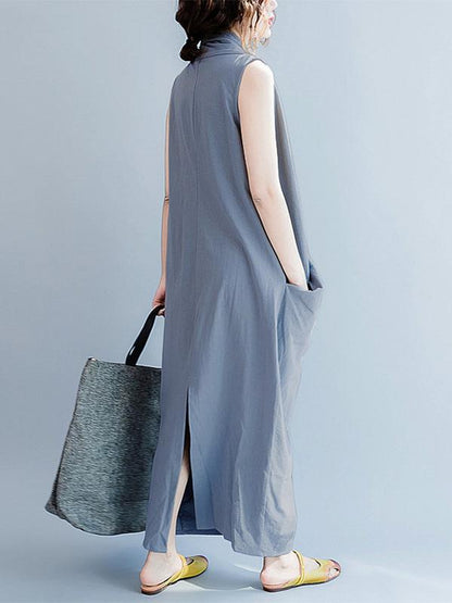 Loose Gray-blue Cropped Pockets Long Dress