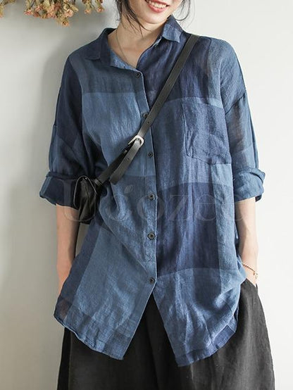 Retro Linen Plaid Long Shirt