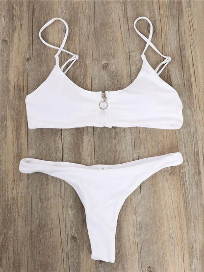 Zipper Top Plain Bikinis Swimwear