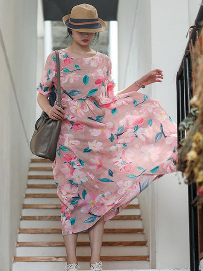 Literary Printed Ramie Cotton Long Dress