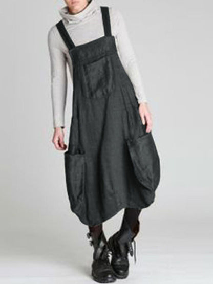 Casual Solid Color Split-Joint With Pocket Pleated Square-Neck Midi Strap Dress
