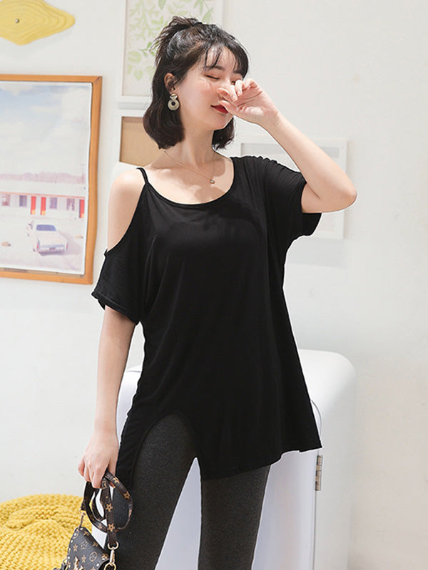 Casual Solid Color Asymmetric Cold Shoulder Spaghetti-Neck T-Shirt