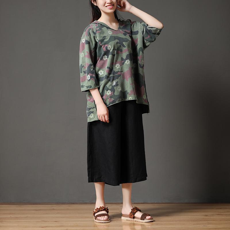 Camouflage Casual Irregular Hem Women Hooded Collar Shirt