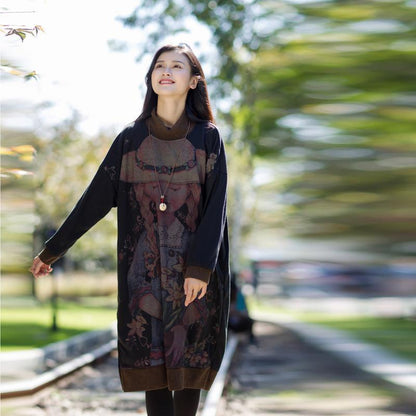 Cartoon Print Long Sleeve Midi Loose Dress