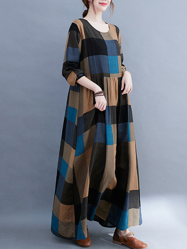 Vintage Ramie Cotton Long Sleeves A-Line Maxi Dresses