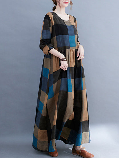 Vintage Ramie Cotton Long Sleeves A-Line Maxi Dresses