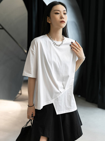 Stylish White Round-Neck Asymmetric Split-Joint T-Shirt