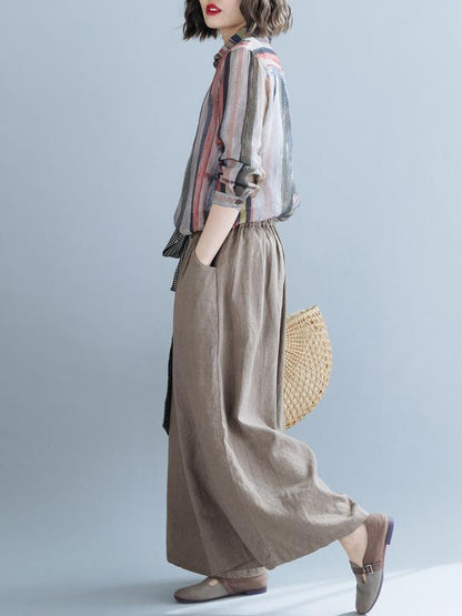 Lapel Striped Blouse&Solid Wide Leg Pants Suits
