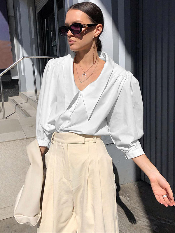 Urban Solid Color Split-Joint Pleated Lapel Collar Bishop Sleeves Shirt