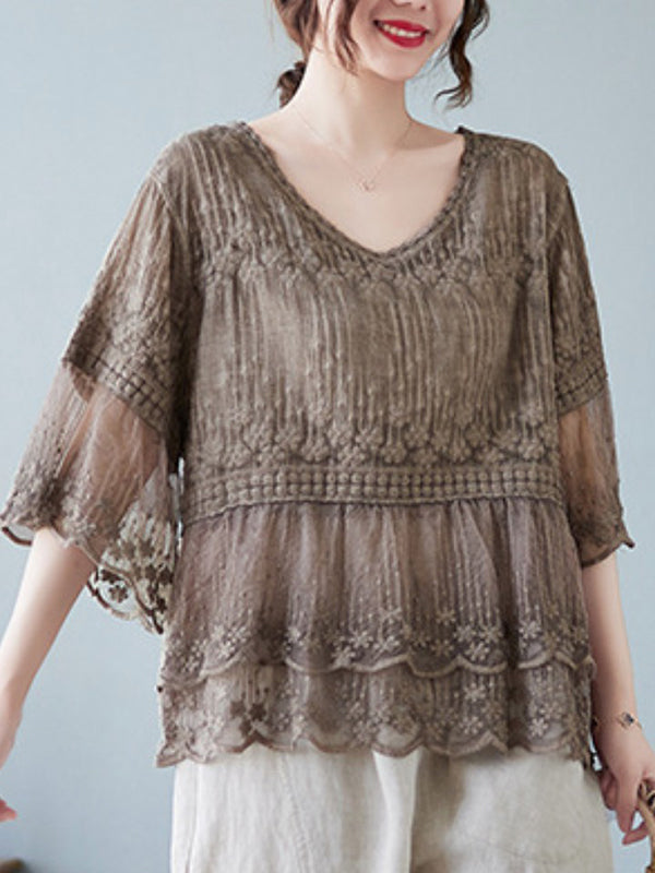 Original Loose Artistic Retro Lace Embroidered T-Shirt Top