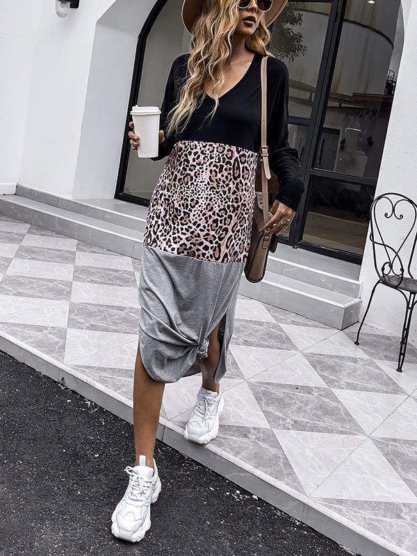 Original Contrast Color Split-Joint Leopard V-Neck Long Sleeves Midi Dress