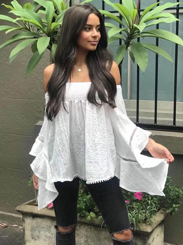 Solid Color Off-the-shoulder Backless Falbala Blouses&shirts Tops