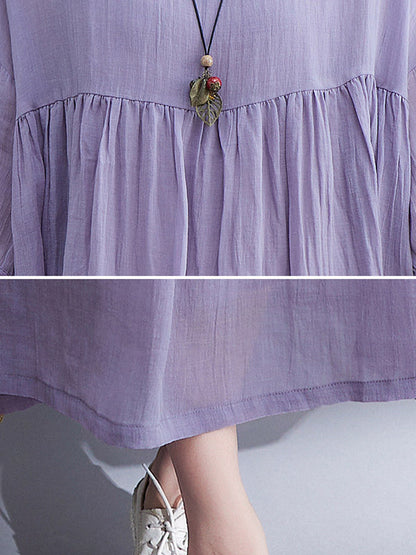 Simple Solid Color Puff Sleeve Midi Dress