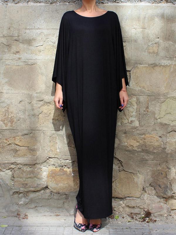 Black Simple Flared Sleeves Round-neck Long Dress – rrdeye