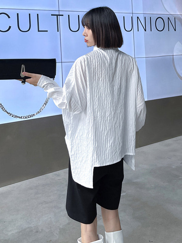 Casual Irregular Solid Color Buttoned Lapel Collar Long Sleeves Blouse